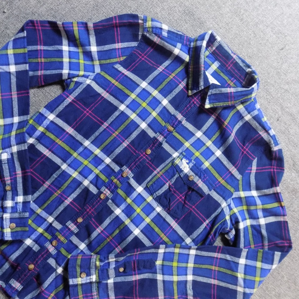Abercrombie & Fitch Flannel Shirt Womens L Blue Good Plaid Long Sleeve Button Up